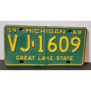 Vintage‎ 1968 Michigan License Plate #VJ-1609  Green And Yellow